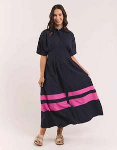 Dresses: ELM SCARLETT MIDI DRESS-MAGENTA STRIPE