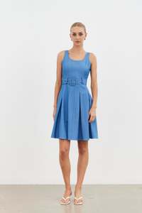 Dresses: PRANA BELTED DRESS-BLUE DENIM