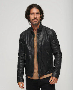 Superdry: Leather Racer Jacket Cow Indie Black