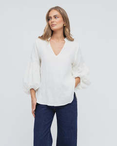 Linen V Neck  Puff Sleeve Top - White