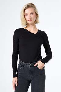 LS Black Gathered Neck Top
