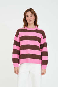 Knitwear: Kenzie Stripe Knit Crew - Petal Chestnut