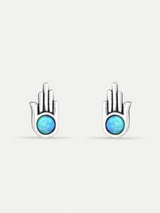 Jewellery: Sterling Silver Opal Hamsa Stud Earrings