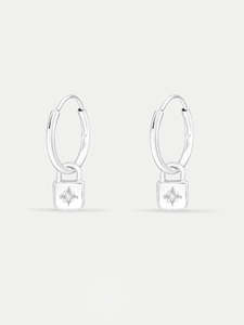 Hoop Earrings: Sterling Silver Padlock Star Hoop Drop Earrings