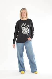 Shirts & Tops: Long Sleeve Tee - Navy with Checker Flower print - Pre Order