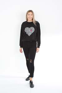 Crew Sweater: Crew Sweater - Black with Silver leopard Heart & Pink lips Print - Pre-Order 1-2 weeks