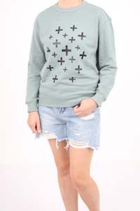 Crew Sweater: Crew Sweater - Sage with Black Crosses - Pre-Order 1-2 weeks