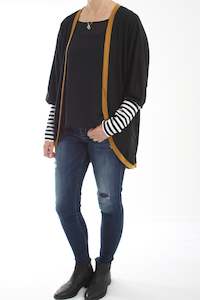 Black And White: Cardi - Black Merino - Mustard Band with Black and White Stripe Cuff - Pre-Order
