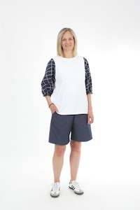 Bennie Top: Bennie Top - White body Navy Check sleeve