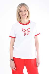Tee Shirt - White Red trims - Bow Print - Pre Order