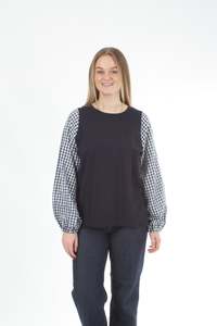 Alice Top: Alice Top - Navy - Check Sleeve - Pre Order