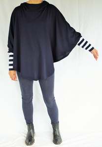 Hooded Poncho - Navy Merino - Wide Navy/White Stripe Trims - Pre-Order 2-3 weeks