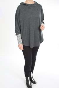 Hooded Poncho - Charcoal Merino - White and Grey stripe Trims - Pre-Order 2-3 weeks