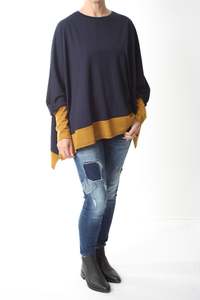 All Ponchos: Square Poncho Merino - Navy - Mustard - Pre-Order