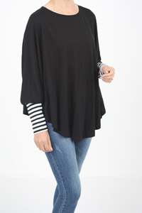 Poncho Plain Black Merino - Black White Thin Stripe long cuff - Pre-Order 2-3 weeks