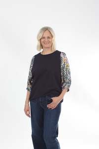 Bennie Top - Navy - Pink and yellow Print sleeve