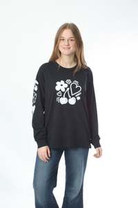 Tees: Long Sleeve Tee - Black with White Cherries and heart Print