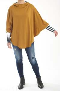 Hooded Poncho - Merino Mustard - White and Navy Stripe Trims - Pre-Order