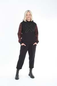 Holly Hoodie - Black X Print - Burgundy check Sleeve