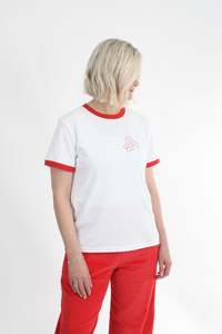 Tees: Tee Shirt - White red Trims - 3 Flowers  - Pre Order