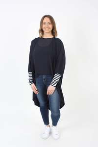 Cardi: Hooded Cardi Long - Merino - Navy - Stripe trims - Pre-Order