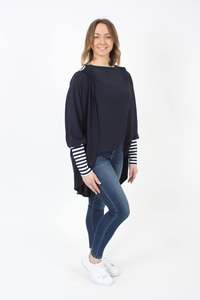 Cardi: Hooded Cardi - Merino - Navy - Stripe trims - Pre-Order