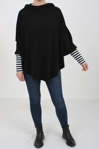 Hooded Ponchos: Hooded Poncho - Black Merino - Thin Stripe Trims - Pre-Order