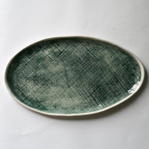 Products: Teal hessian Oval Platter - Waiheke Ceramics Factory