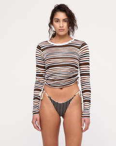 Womens Sweats Knitwear: Gathered Long Sleeve Knit Top - Black Stripe