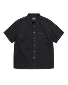 Mens Shirts: Washed Denim Short Sleeve Shirt - Black