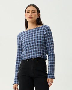 Mountains - Hemp Seersucker Long Sleeve Top - Navy Red Check