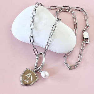 Products: Penny Foggo Necklace - Rabbit Shield and Pearl on a Stainless Steel Paperclip Chain