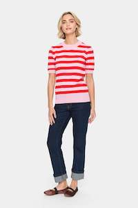 Saint Tropez: Saint Tropez Mila SS Block Stripe Pullover - Pink Flame Block Stripe