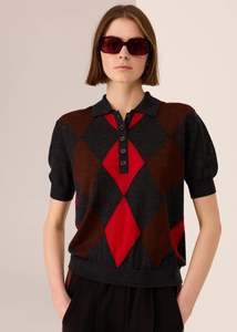 Pol: Pol Meira Argyle Knit Tee - Charcoal/Red/Toffee