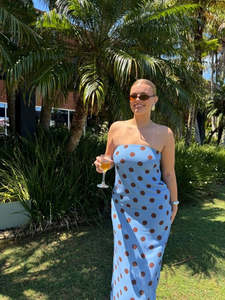 Amaya Strapless Chiffon Maxi Dress (Blue Polka Dot) - COMING SOON