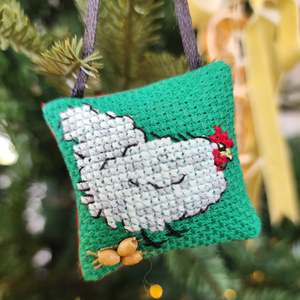 Reusable Gifting Supplies: Henny Penny crossstitched ornament