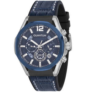 Quantum: Quantum Powertech Blue Dial Blue Leather Chronograph Silver Case Watch PWG970.699