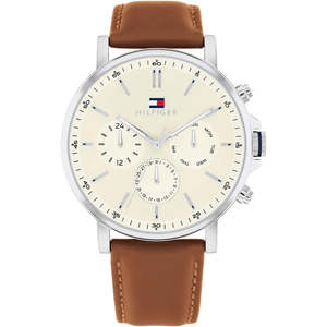 Summer Sale: Tommy Hilfiger Brown Leather Parchment Dial Multi-function Men's Watch - 1792143