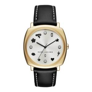 Marc Jacobs Watches: Marc Jacobs Mandy White Dial Black Leather Gold Watch MJ1564