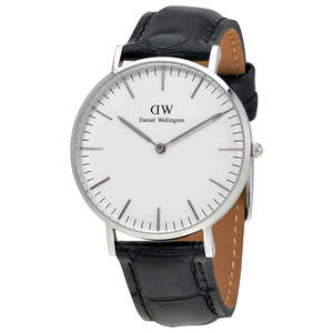 Daniel Wellington Watches: Daniel Wellington Reading 36mm White Dial Black Genuine Leather Silver Watch - DW00100058
