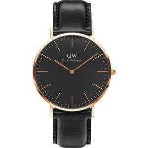 Daniel Wellington Mens Watches: Daniel Wellington Sheffield 40mm Black Dial Black Genuine Leather Gold Watch - DW00100127
