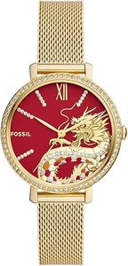 Fossil Watches: Fossil Jacqueline Dragonsteel Limited Edition Red Dial Gold Mesh Strap Watch for Women - ES5316