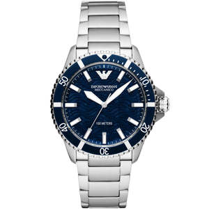 Mens Automatic Watches: Emporio Armani Diver Automatic Uni-directional rotating blue bezel Silver Men's Watch - AR60059