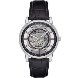 Mens Automatic Watches: Emporio Armani Luigi Skeleton Automatic Black Genuine Leather Men's Watch - AR1981