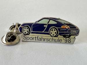 Accessories: Pin Badge "Porsche 911 Carrera - Sportfahrschule '98" Blue Metal.