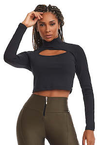 Tops: Cropped Long Sleeve Fitness Posh Black - Caju Brasil