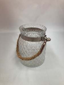 Cut glass lantern vase w rustic rope, Medium