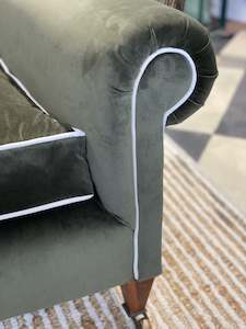 Furniture: Armchair Olive Green Velvet w.Cream Piping