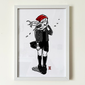 Art Print Windy Welly Girl - Red Beanie Welly Girl NZ