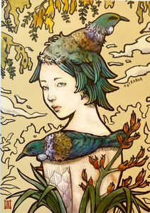 Postcard (A6 / A5) Tui Head Welly Girl NZ